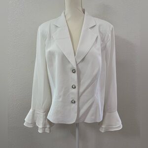 ASHRO White Ruffle Sleeve Blazer 16 W Plus 96% Polyester Button Front